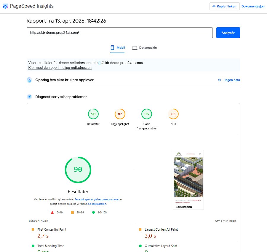 Google PageSpeed test av Prop24 AI demo — score 90 av 100