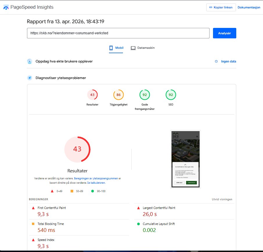Google PageSpeed test av skb.no Sørumsand Verksted — score 43 av 100